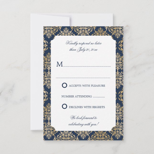 Elegant guldflora damask marinblå RSVP Inbjudningar (Baksida)