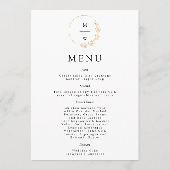Elegant Guldfolie Monogram Menu Meny (Framsida)
