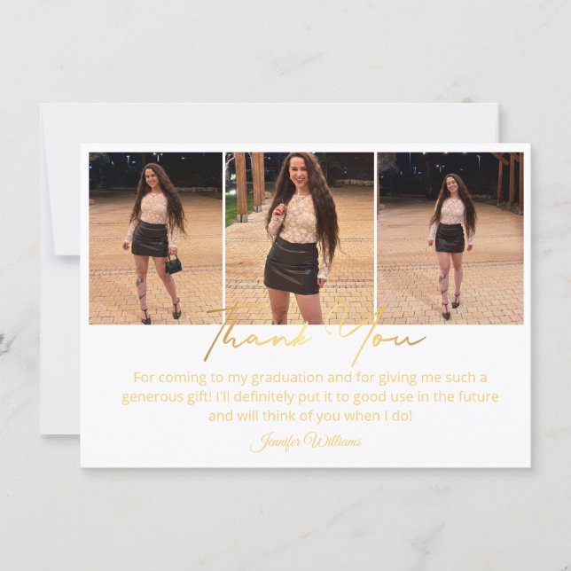 elegant guldförgylld 3-foto examens tack anteckningskort (Framsida)