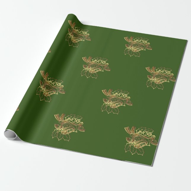 Elegant guldförgylld julklocka, grön högtid presentpapper (Utrullad)