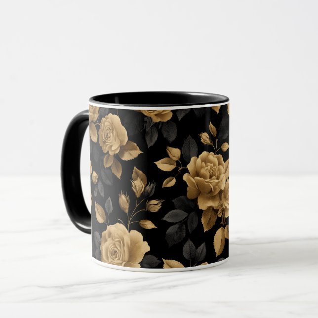 Elegant guldförstärkt ros svart blommönster mugg (Framsida vänster)
