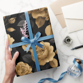 Elegant guldförstärkt ros svart blommönster presentpapper