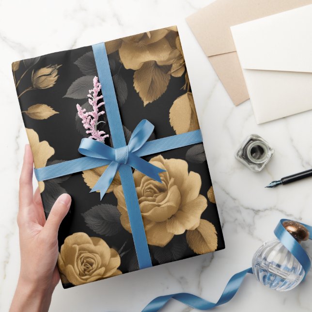 Elegant guldförstärkt ros svart blommönster presentpapper (Gifting)