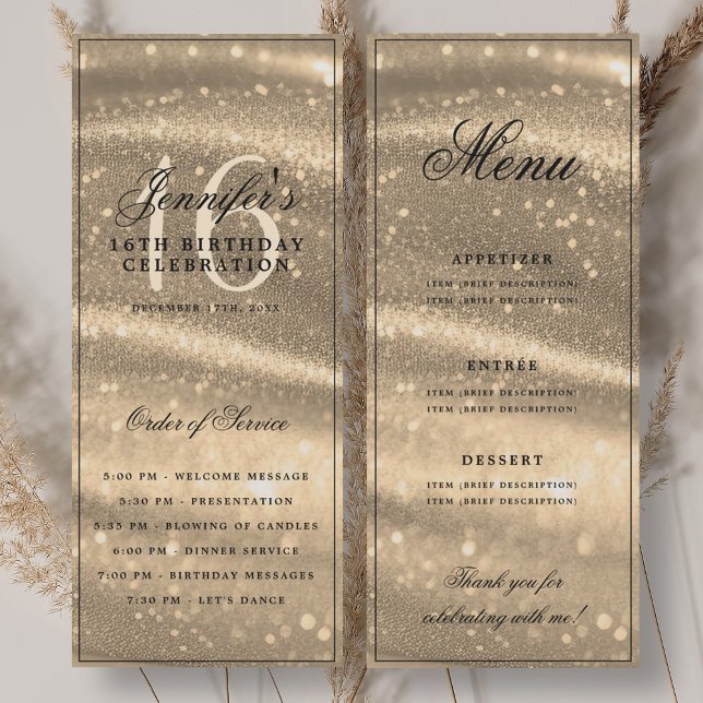 Elegant Guldglans 16-årsdag Program Meny (Elegant Gold Sparkle 16th Birthday Program Menu)