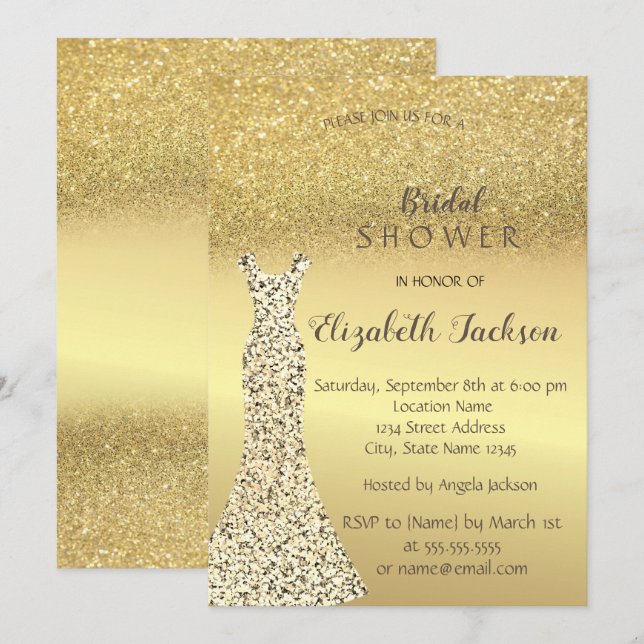 Elegant guldglitter Bokeh, klänning bröllopsdusch Inbjudningar (Fram/baksida)