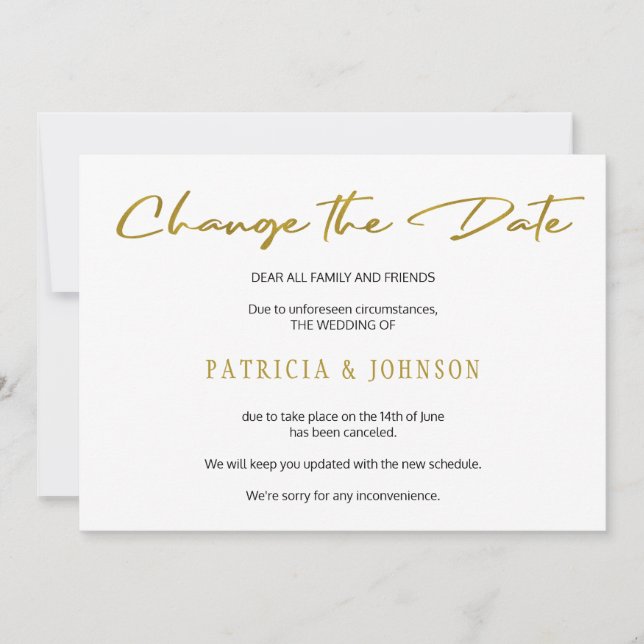 Elegant guldglitter bröllopsändring av datum spara datumet (Framsida)
