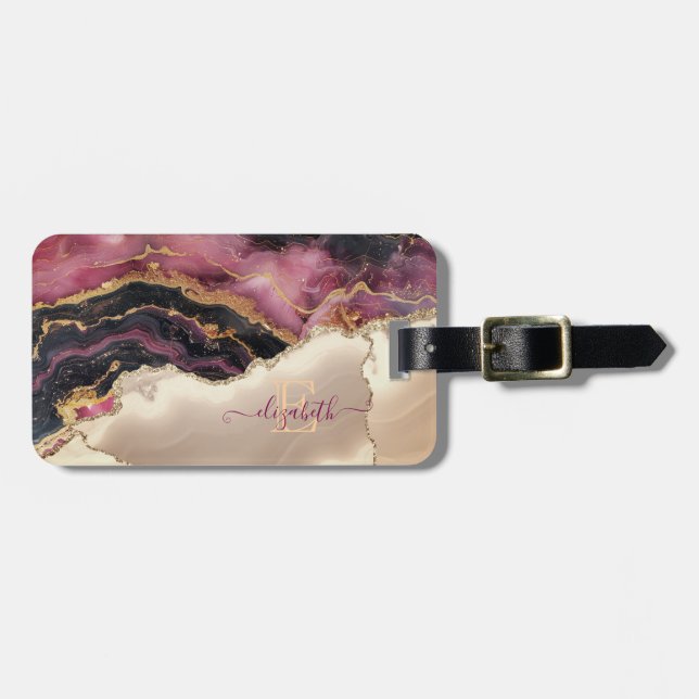 Elegant guldglitter burgundermarmor monogram bagagebricka (Horisontell Framsida)