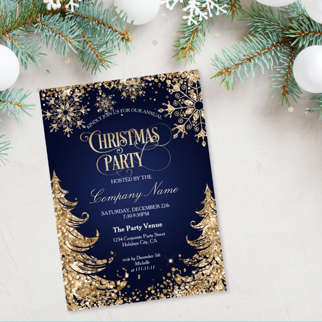 Elegant guldglitter företagsjulparty inbjudningar (GLITTER GOLD CHRISTMAS TREES ON THE NAVY BACKGROUND,  CHRISTMAS PARTY INVITATION)