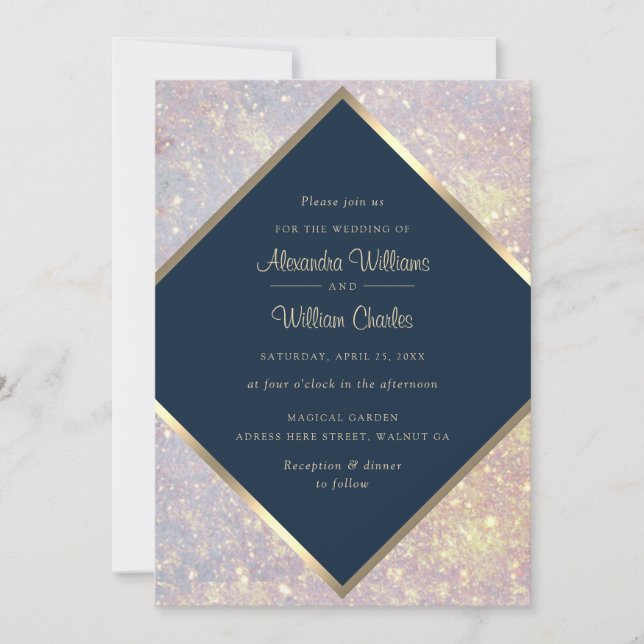 Elegant guldglitter kalligrafi Blå chic bröllop Inbjudningar (Framsida)