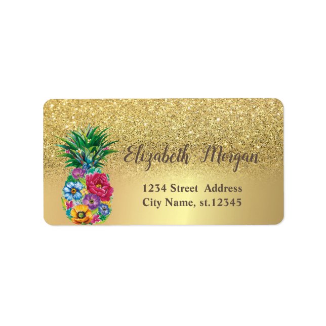Elegant guldglitter Ombre Blommig Ananas Adressetikett (Framsidan)