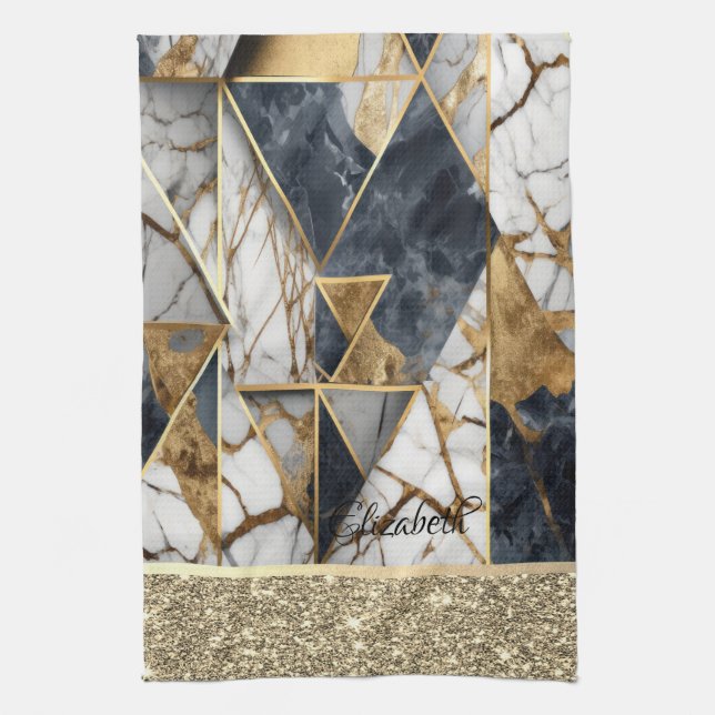 Elegant guldglitter Svart marmor Geometrisk Kökshandduk (Vertikal)