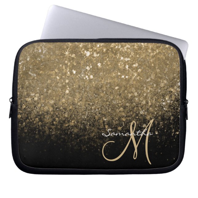 Elegant guldglitter & svart monogram laptop fodral (Framsidan)