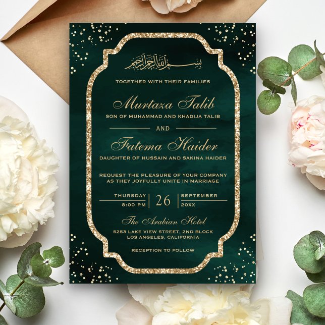 Elegant guldglitterkant Smaragdgrön muslimsk bröll Inbjudningar (Skapare uppladdad)