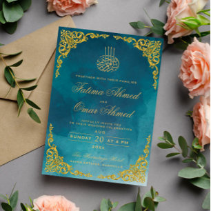 Elegant guldgräns turkos islamisk muslimsk bröllop inbjudningar