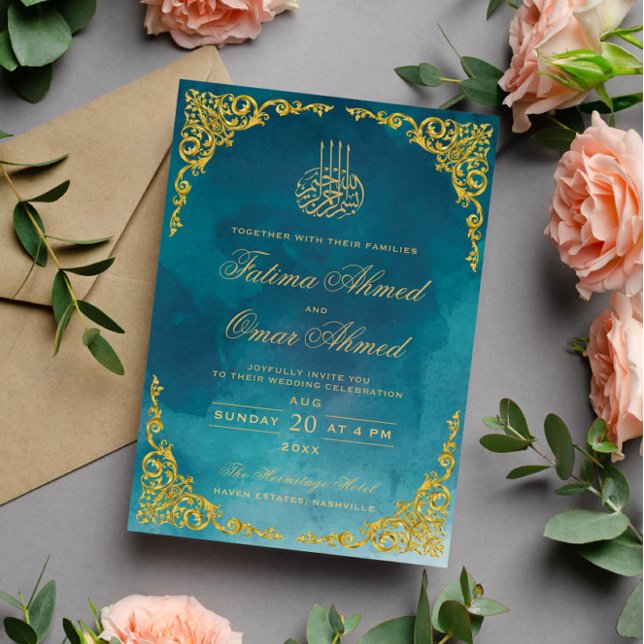 Elegant guldgräns turkos islamisk muslimsk bröllop inbjudningar (Skapare uppladdad)