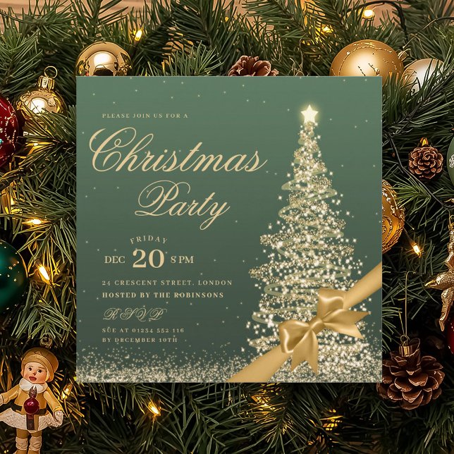 Elegant guldgrön julgran båge  inbjudningar (Elegant Gold Green Winter Christmas Tree Bow Invitation)