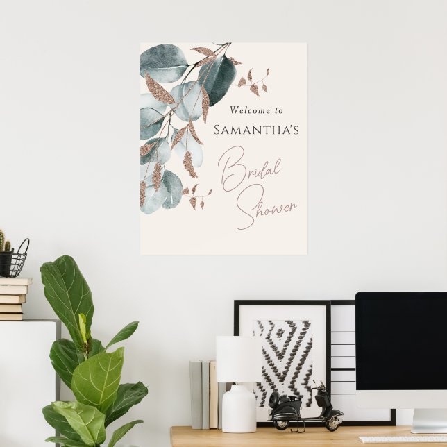 Elegant guldgröna gnistrande blad bröllopsfest  poster (Hemmakontoret)