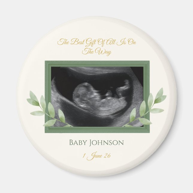 Elegant guldgrönsak jul bebis tillkännagivande magnet (Framsidan)
