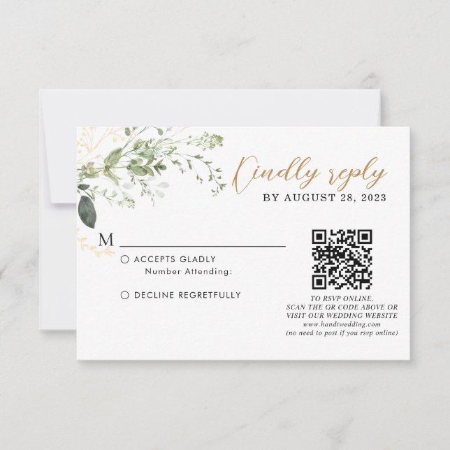 Elegant guldgrönska Eukalyptus QR-kod Bröllop  OSA Kort (Framsida)