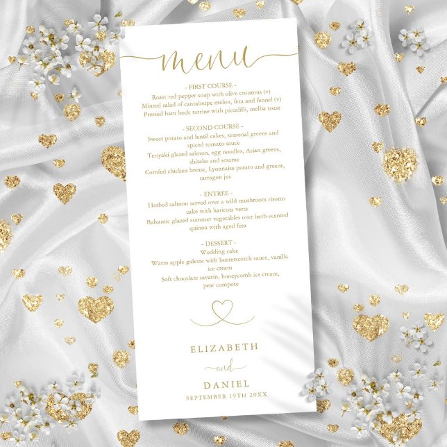 Elegant guldhjärta manus bröllopsmiddag meny (Elegant Gold Heart Script Wedding Dinner Menu)