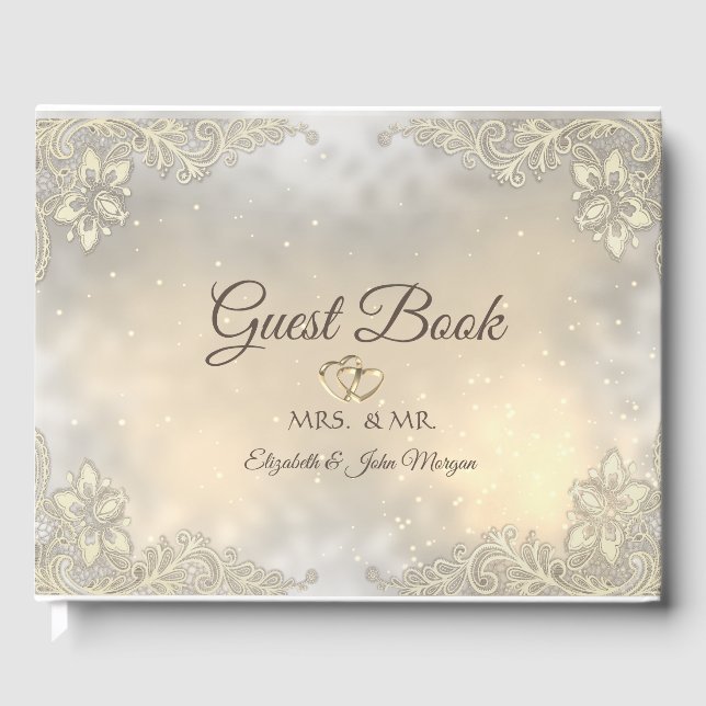 Elegant guldhjärtan spets bröllopsgästbok gästböcker (Framsida)