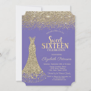 Elegant guldklänning diamanter lavendel Sweet 16 Inbjudningar