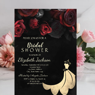 Elegant guldklänning röda rosor svart bröllopsfest inbjudningar