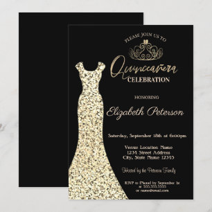 Elegant guldklänning, Tiara Quinceañera Inbjudningar