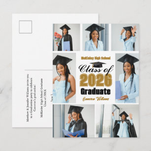 Elegant guldklass 2026 examensfoto collage meddelande vykort