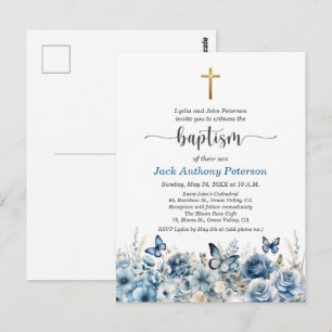 Elegant guldkors blå blommig dop inbjudan