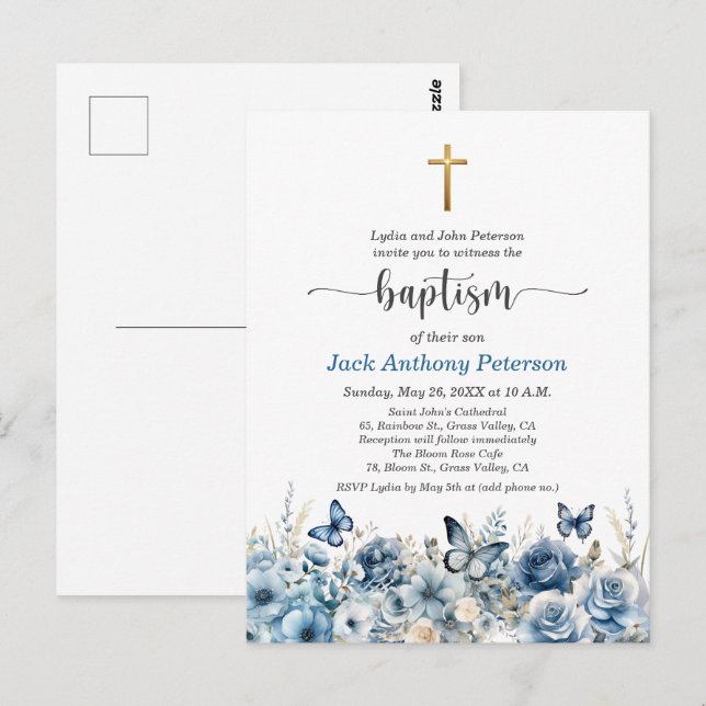 Elegant guldkors blå blommig dop inbjudan (Fram/baksida)