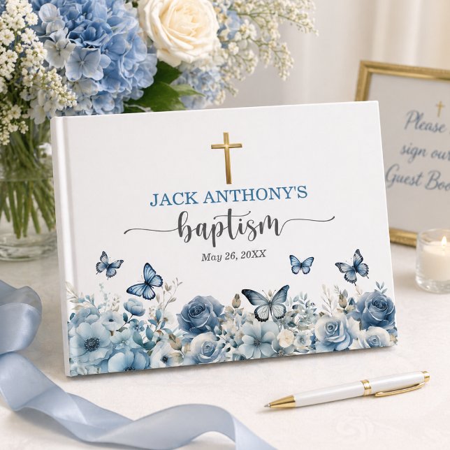 Elegant guldkors blå blommig doppresent gästböcker (Skapare uppladdad)