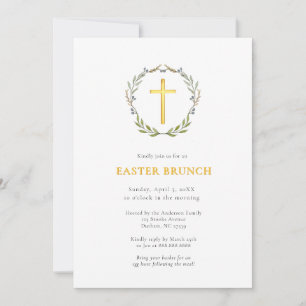 Elegant guldkors och krans Påskbrunch-inbjudan  Inbjudningar