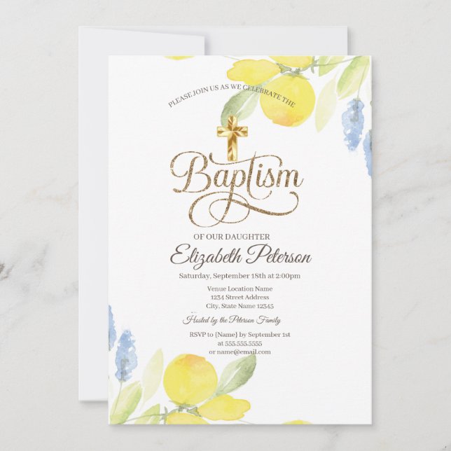 Elegant guldkors vattenfärg citroner inbjudningar (Framsida)