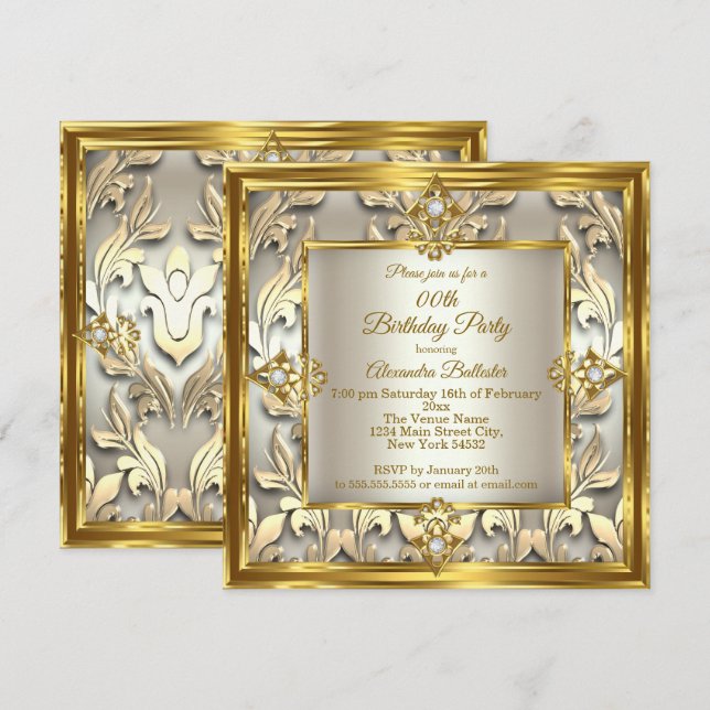 Elegant guldkräm beige Damask födelsedagsfest Inbjudningar (Fram/baksida)
