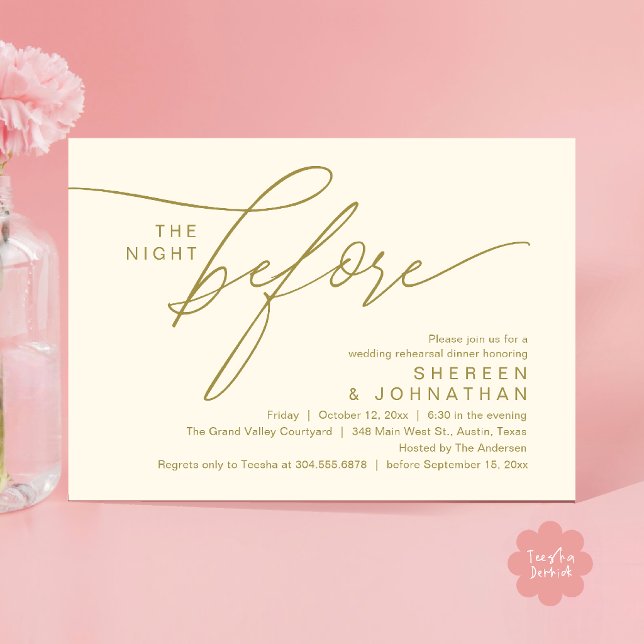 Elegant guldkräm skript bröllopsrepetition middag inbjudningar (Elegant Script Wedding Rehearsal Dinner Invitation Card in Yellow Gold Cream)