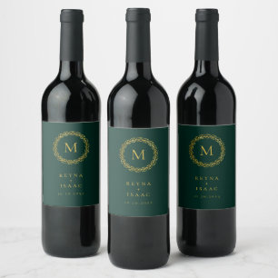 Elegant Guldkrans Smaragdgrönt Monogram Vinflaska Etikett