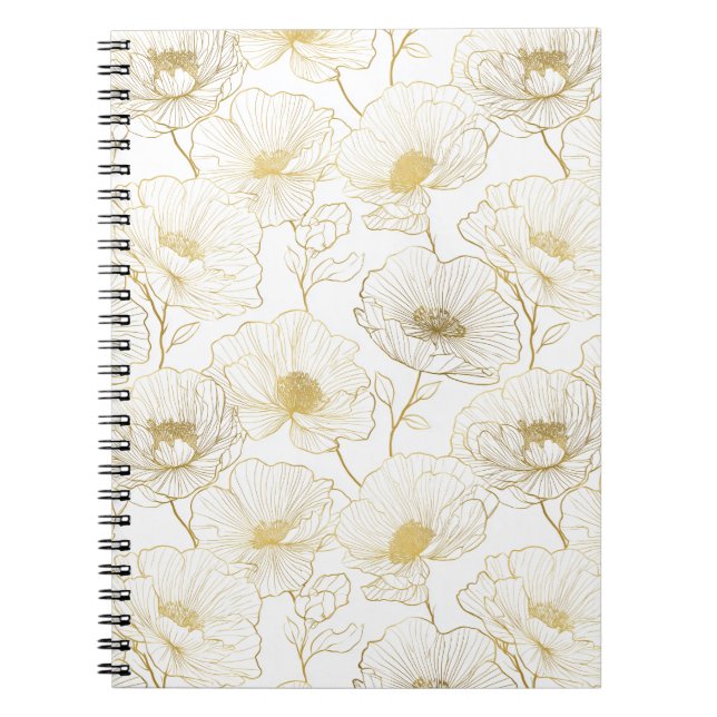Elegant guldlinje blommönster vitt anteckningsbok (Framsidan)