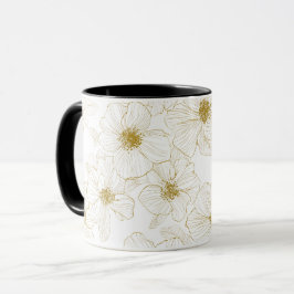Elegant guldlinje blommönster vitt mugg