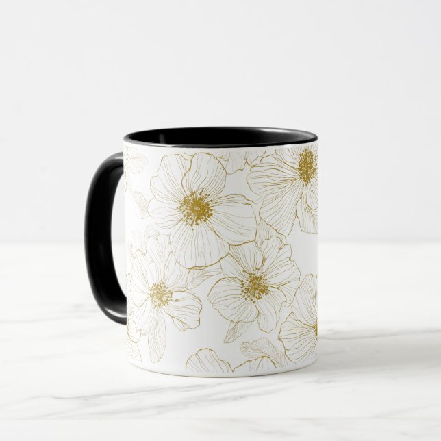 Elegant guldlinje blommönster vitt mugg (Framsida vänster)