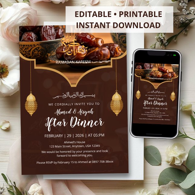 Elegant Guldlykta Varm Brun med Dater Iftar Inbjudningar (Skapare uppladdad)