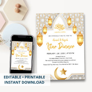 Elegant guldlykta & Vit geometrisk båge Iftar-inbj Inbjudningar