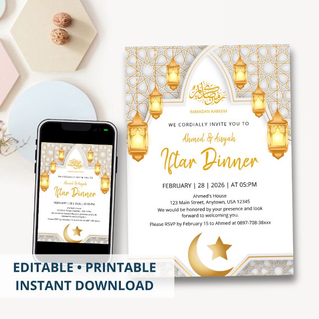 Elegant guldlykta & Vit geometrisk båge Iftar-inbj Inbjudningar (Skapare uppladdad)