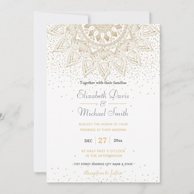 Elegant guldmandala konfettidesign inbjudningar (Framsida)