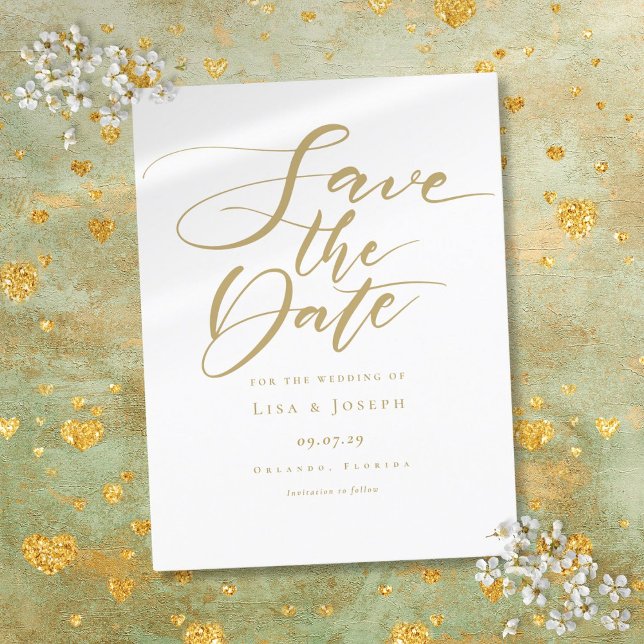 Elegant Guldmanus Bröllop Spara Datum Meddelande Vykort (Elegant Gold Script Wedding Save the Date Announcement Postcard)