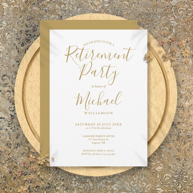 Elegant Guldmanus Pensionärsfest Inbjudningar (Elegant Gold Script Retirement Party Invitation)