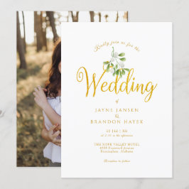 Elegant guldmanuskript Misteltoe Foto Vinterbröllo Inbjudningar