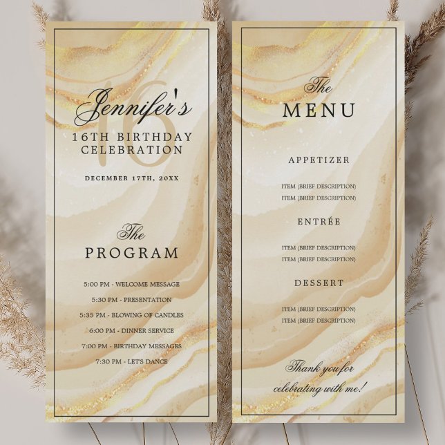 Elegant guldmarmor 16-årsdag Program Meny  (Elegant Gold Marble 16th Birthday Program Menu)