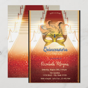 Elegant guldmask, röd karpet Quinceanera Inbjudningar