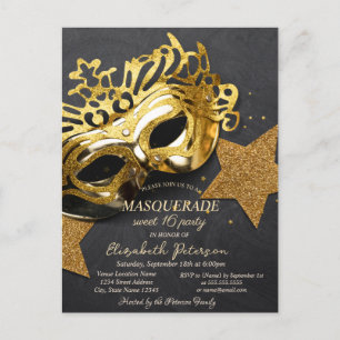 Elegant guldmask stjärnor Sweet 16 Inbjudan Vykort